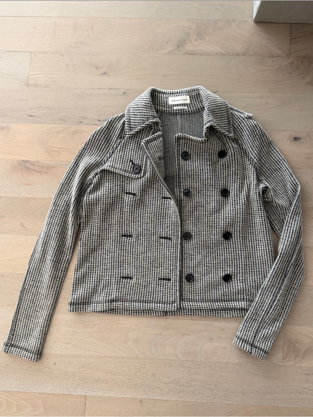 Double-Breasted Houndstooth Pea Coat in Black and White